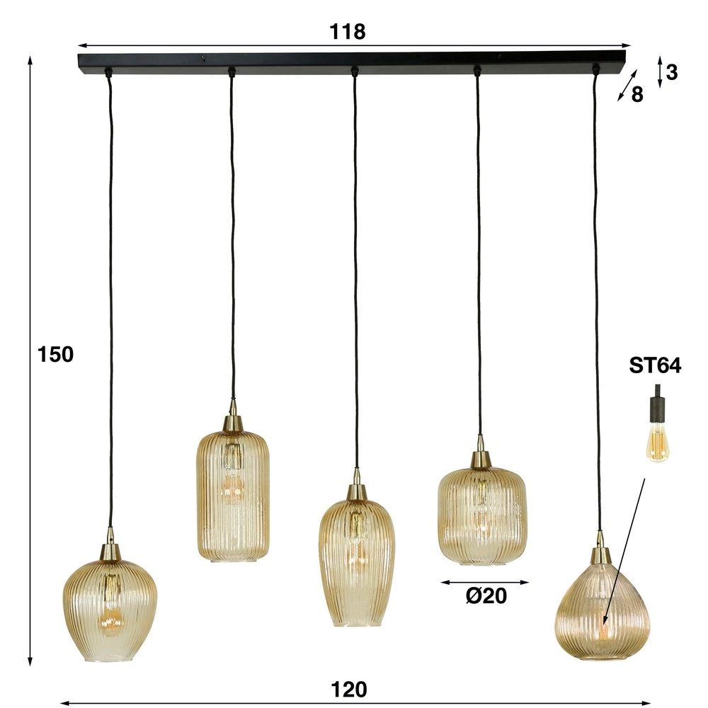5-light glass pendant light Stripe with amber glass Lyora 8716803511170