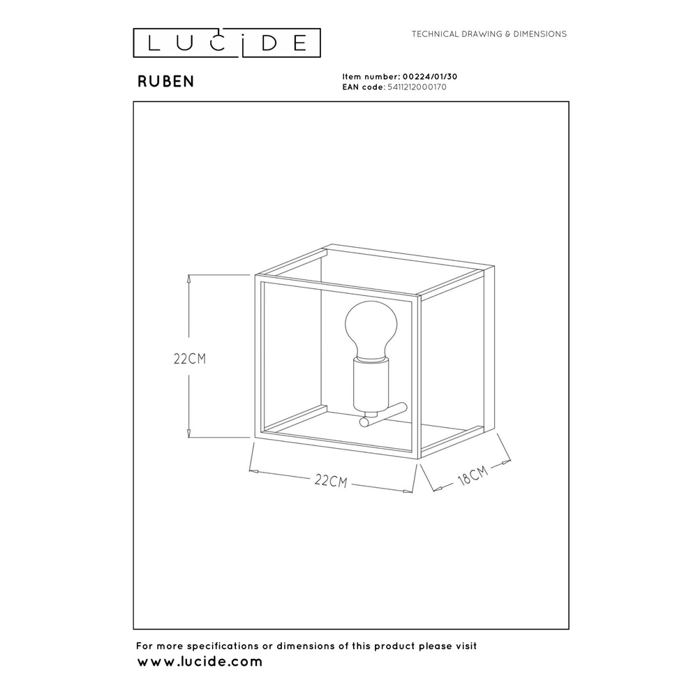 Wall lamp Ruben Black Lucide 5411212000170