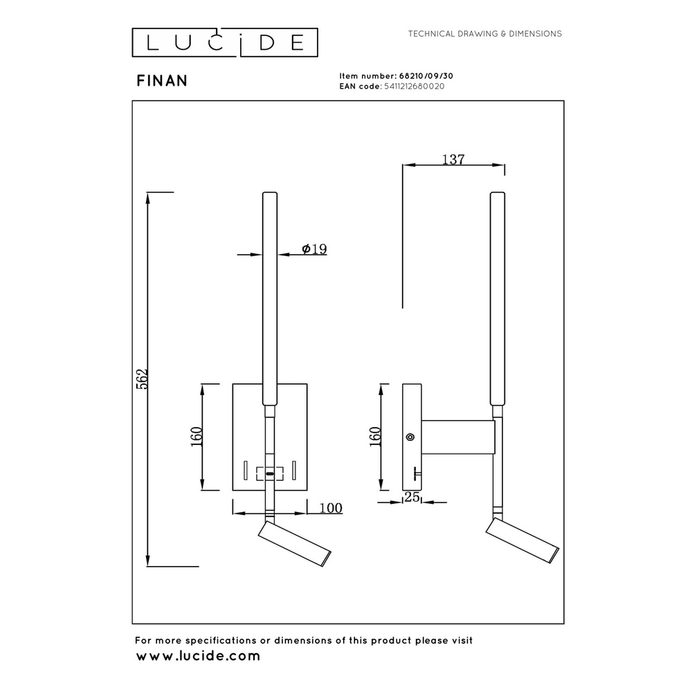 Design wall lamp Finan with reading lamp and USB charging point black Lucide 5411212680020
