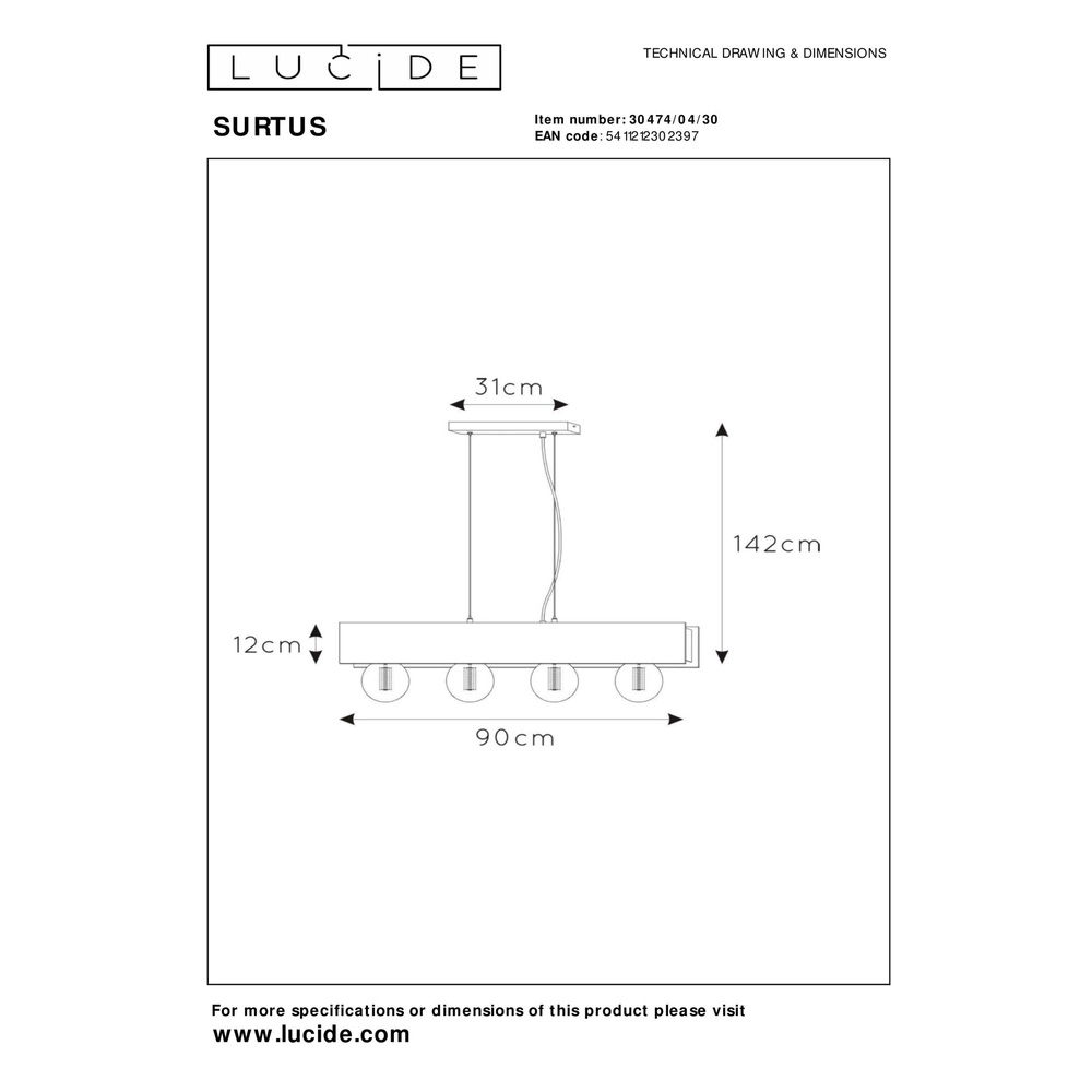 Design pendant lamp Surtus 4-light black Lucide 5411212302397