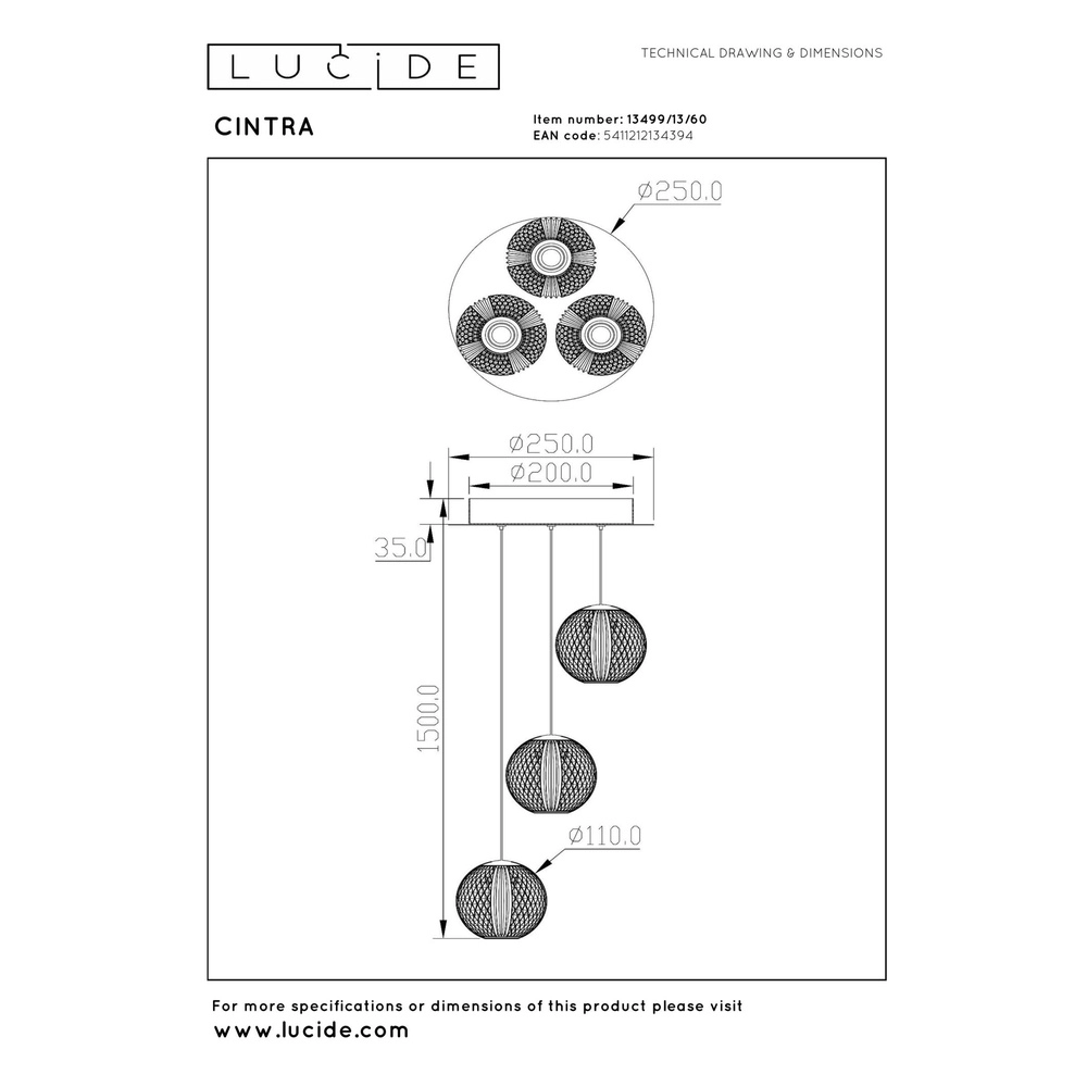 Golden pendant lamp Cintra Loft 3-lights Lucide 5411212134394