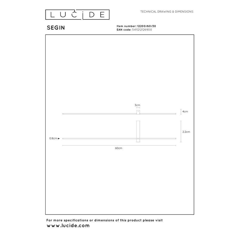Sleek wall lamp Segin black 60cm Lucide 5411212126900
