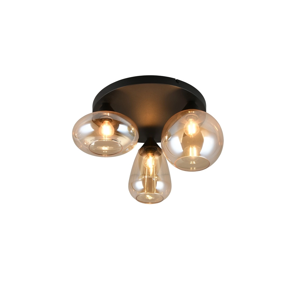 3-light ceiling lamp Lumina black with amber glass