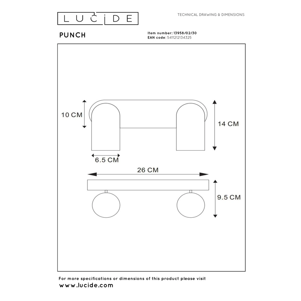 Ceiling spotlight Punch 2-light black Lucide 5411212134325