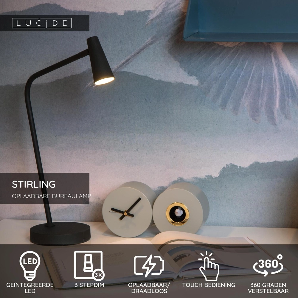 Rechargeable table lamp Stirling Black Lucide 5411212361240