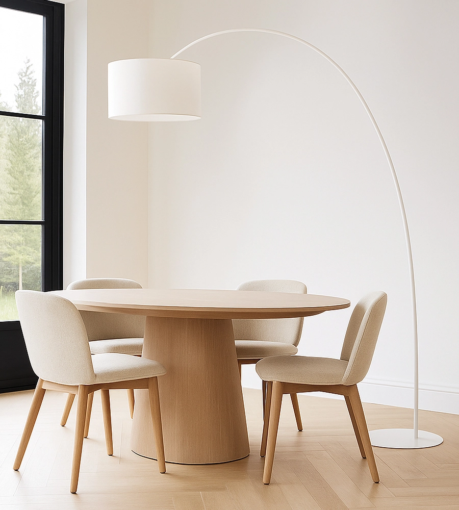 White arc lamp at dining table with chairs