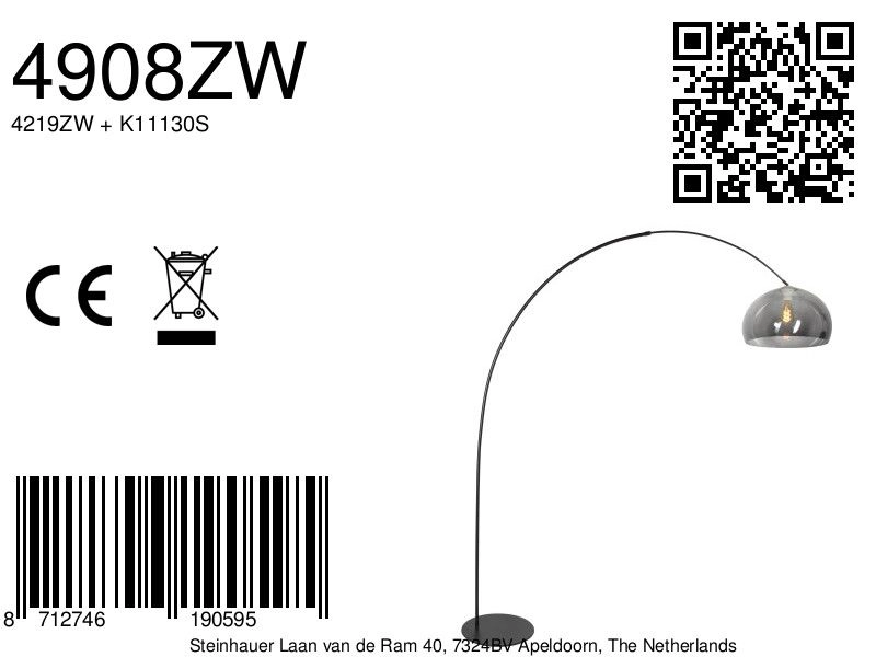 Black arc lamp Curve with smoke glass Steinhauer 8712746190595