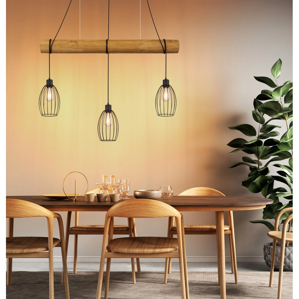 Country Pendant Lamp Berti 3-light wood with black Globo 9007371583331