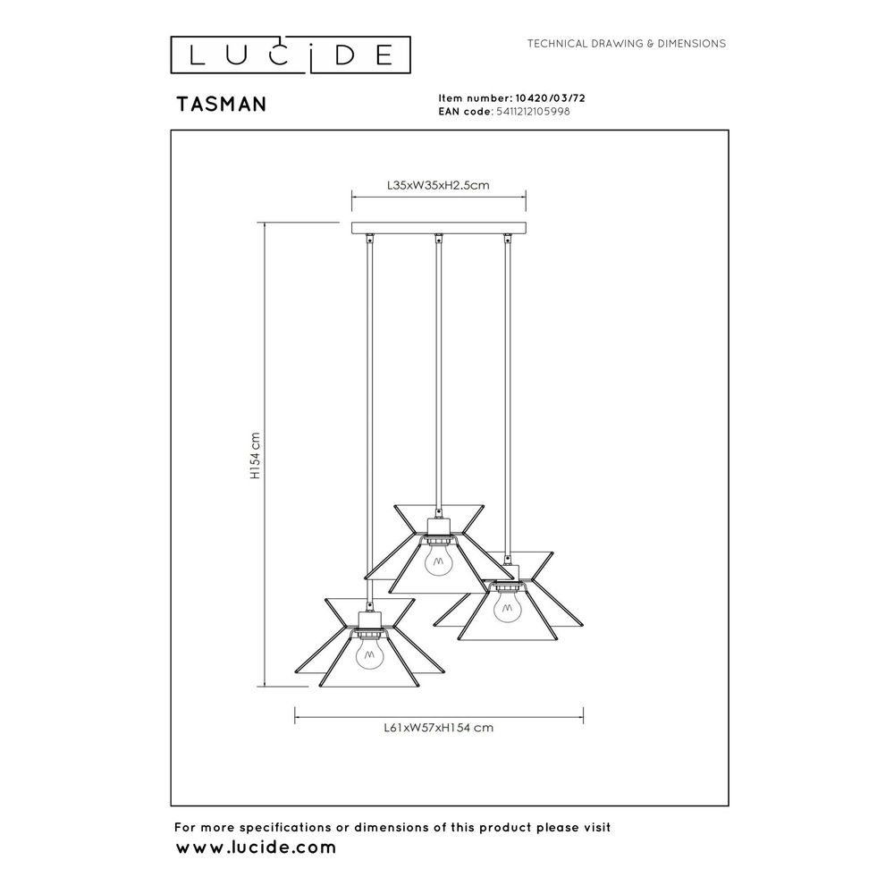 Pendant lamp Tasman 3-light rattan Lucide 5411212105998