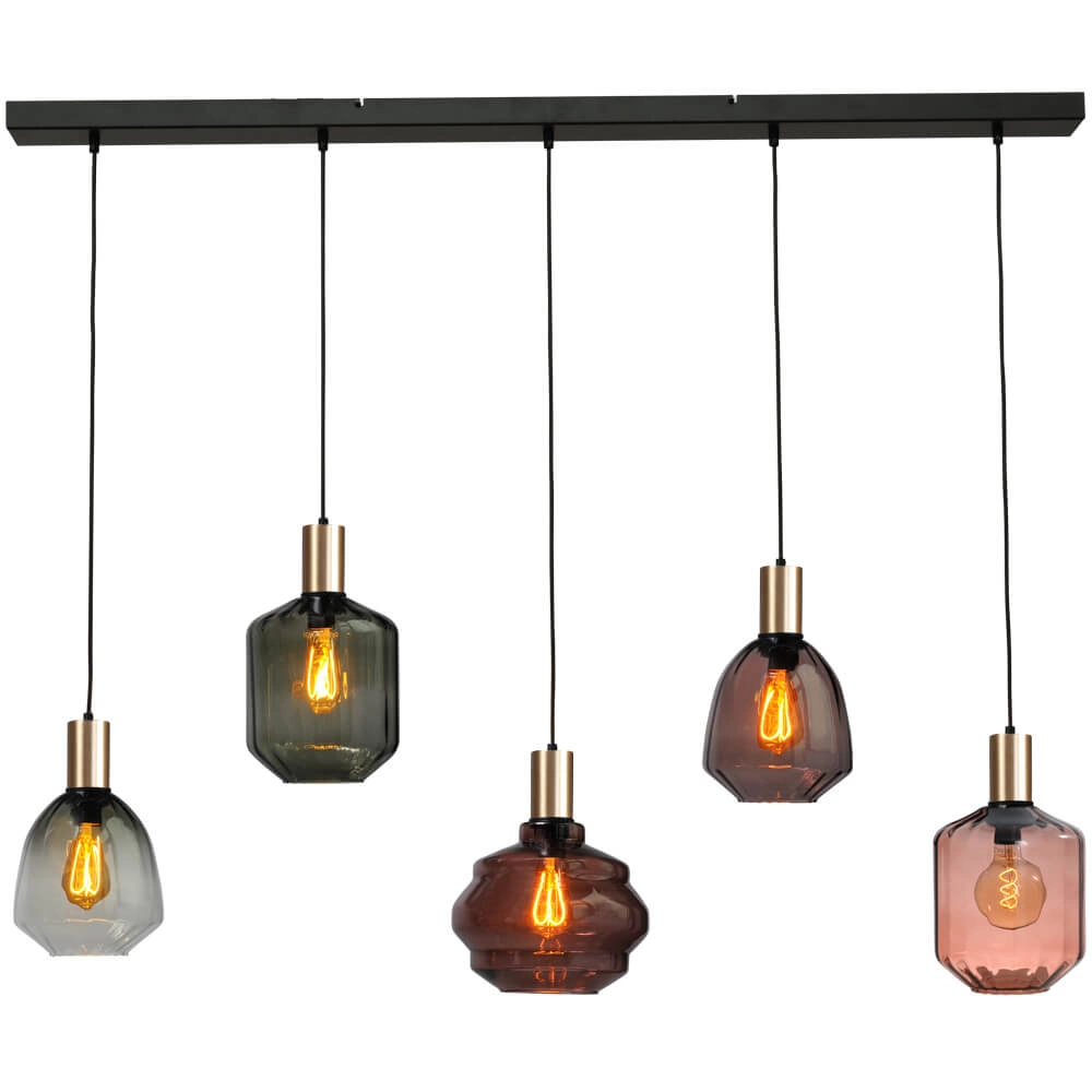 5-light hanging lamp - gold - Porto with different glasses