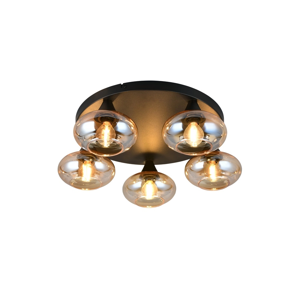 Ceiling lamp Divina 5-light black with amber glass