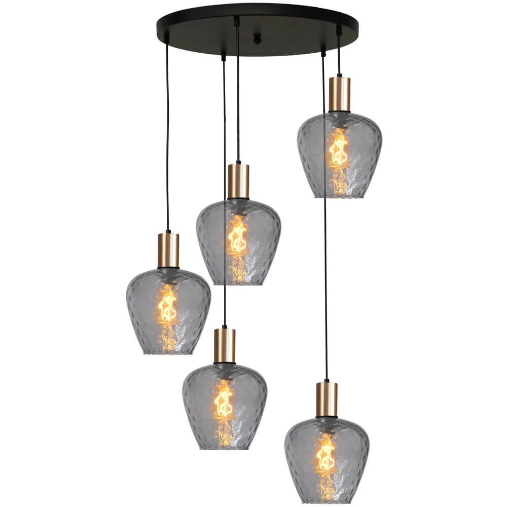 5-light loft hanging lamp - gold - Porto with Diamond smoke glasses
