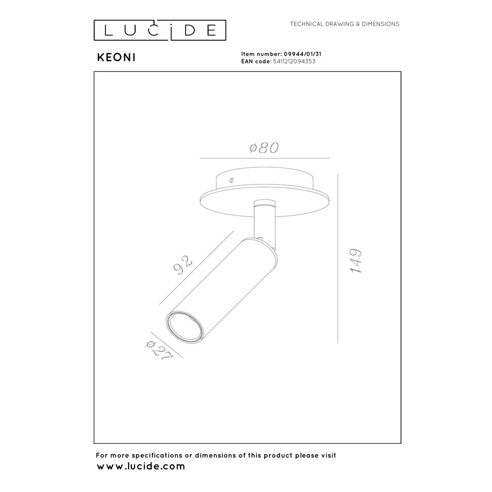 Ceiling spotlight Keoni Ø 8cm white Lucide 5411212094353
