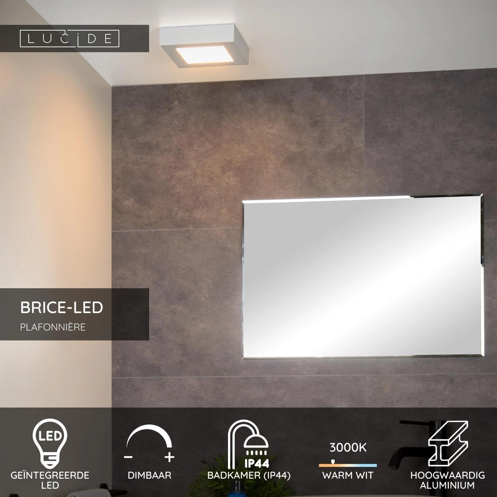 Ceiling light Brice-Led 16.8cm square IP44 white Lucide 5411212281333