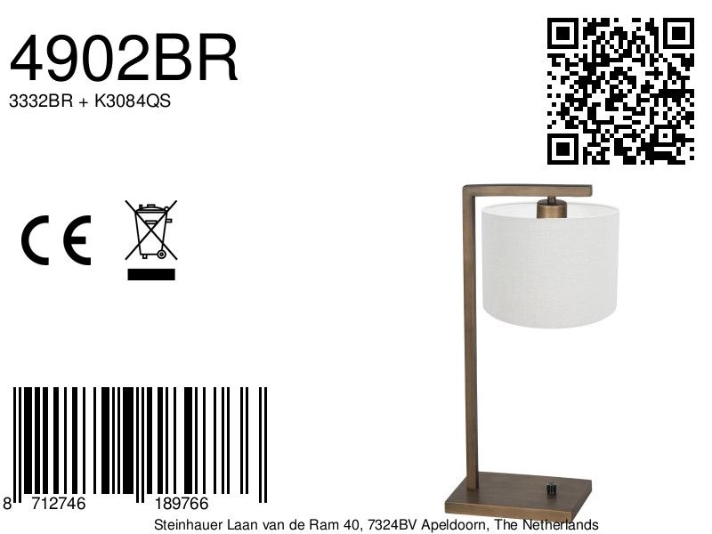 Table lamp Stang with white hood Steinhauer 8712746189766