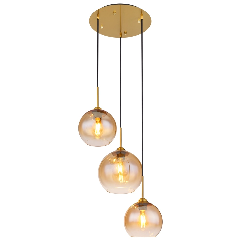 Golden pendant lamp Jamessa 3-light with amber glass