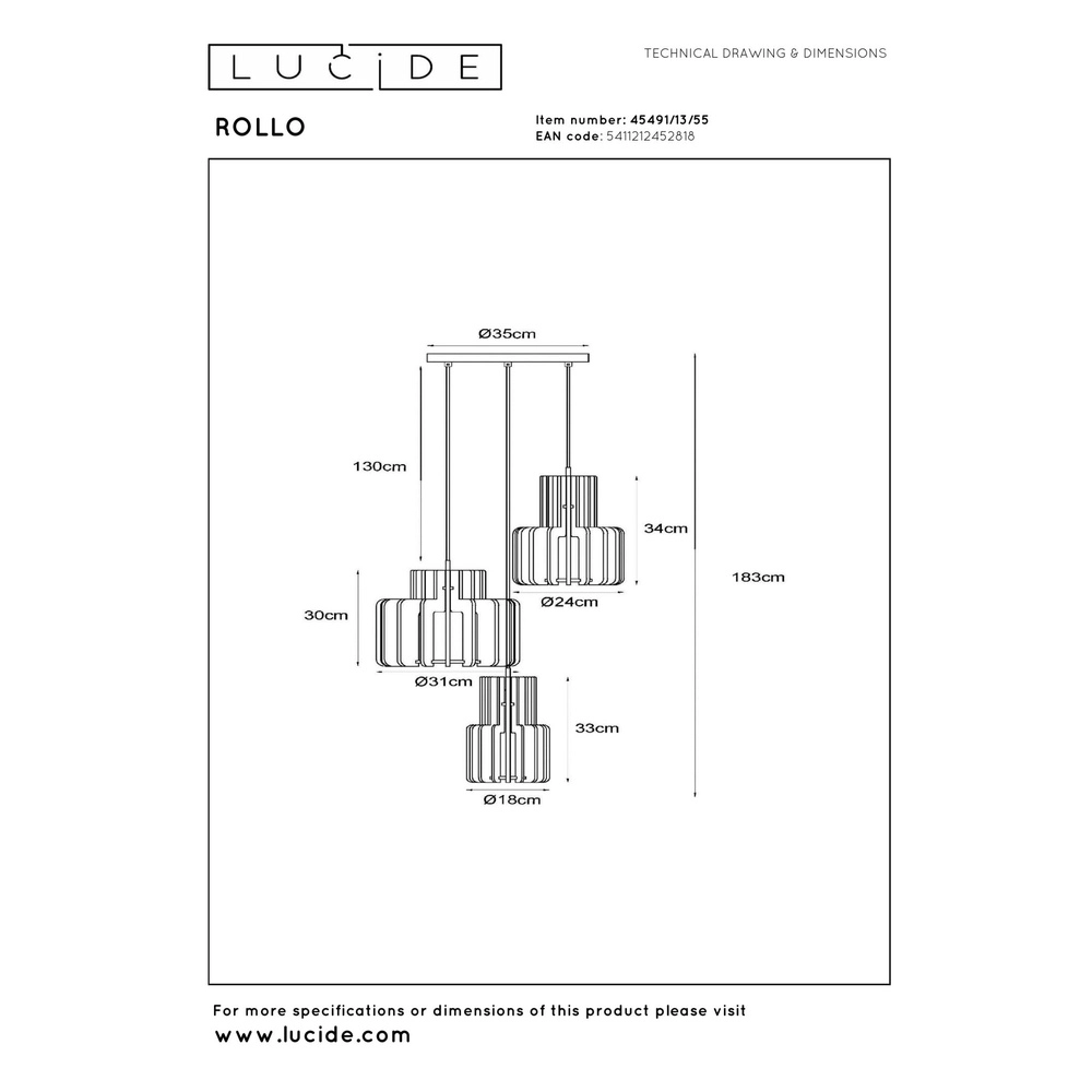 Design pendant lamp Rollo 3-light terracotta Lucide 5411212452818