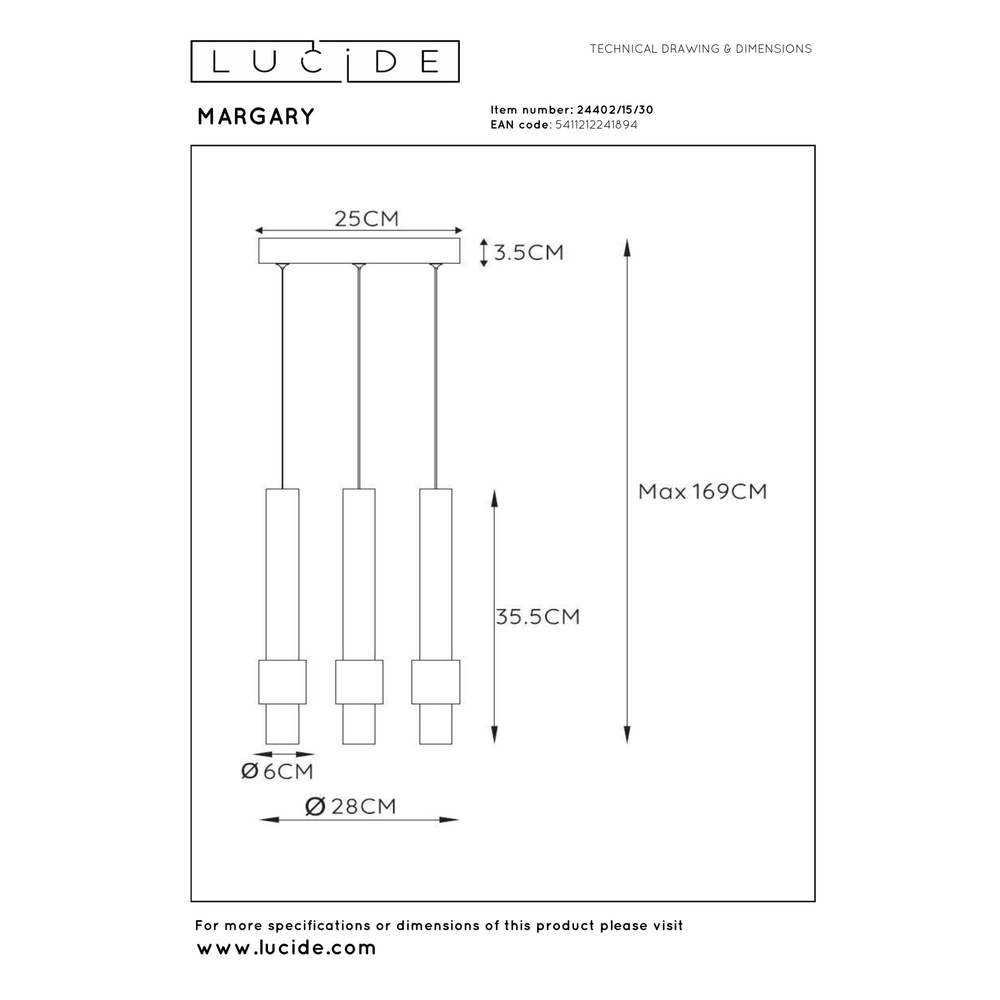 Sleek pendant lamp Margary 3-light black Lucide 5411212241894