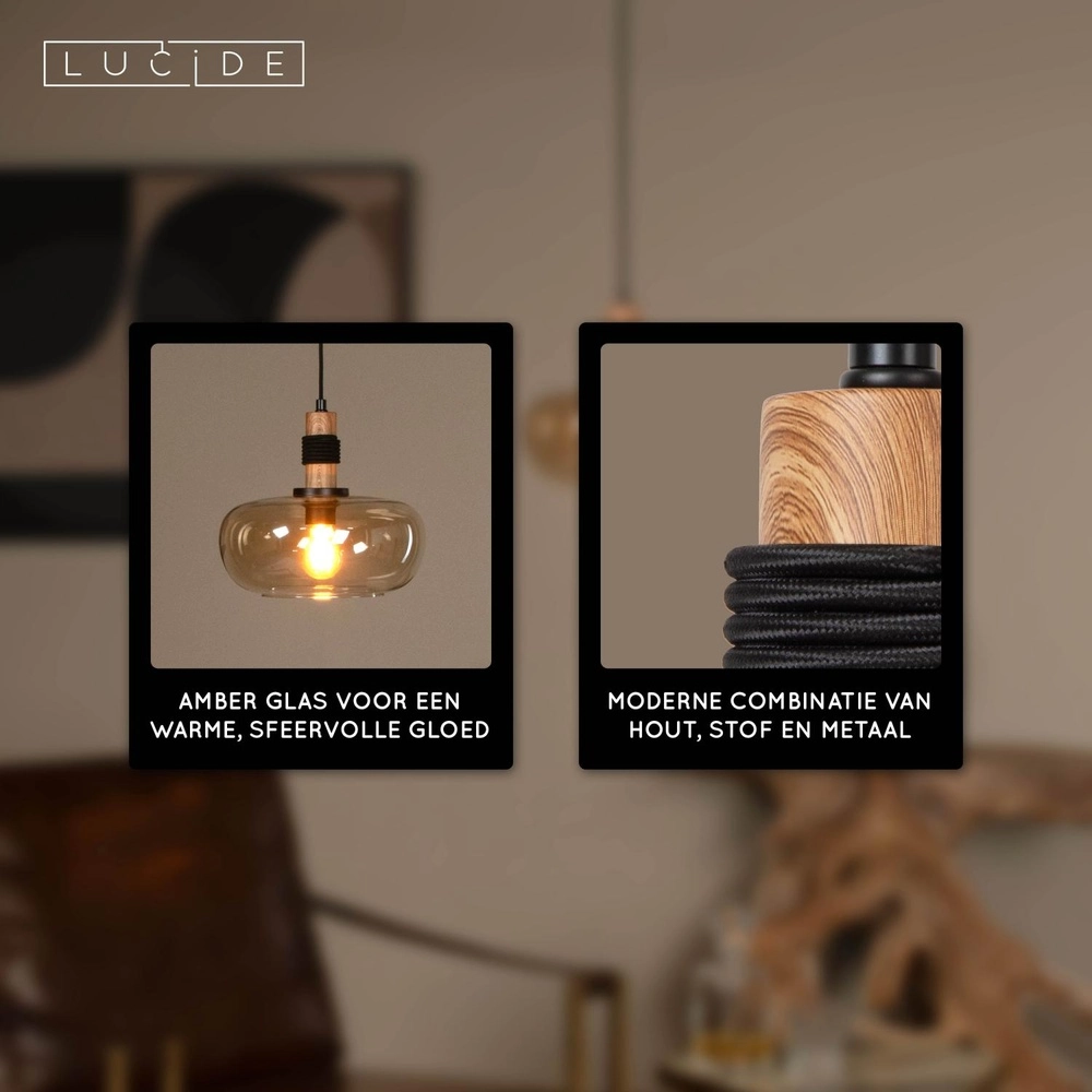 Pendant lamp Ilona Ø 30cm black with amber glass Lucide 5411212452672