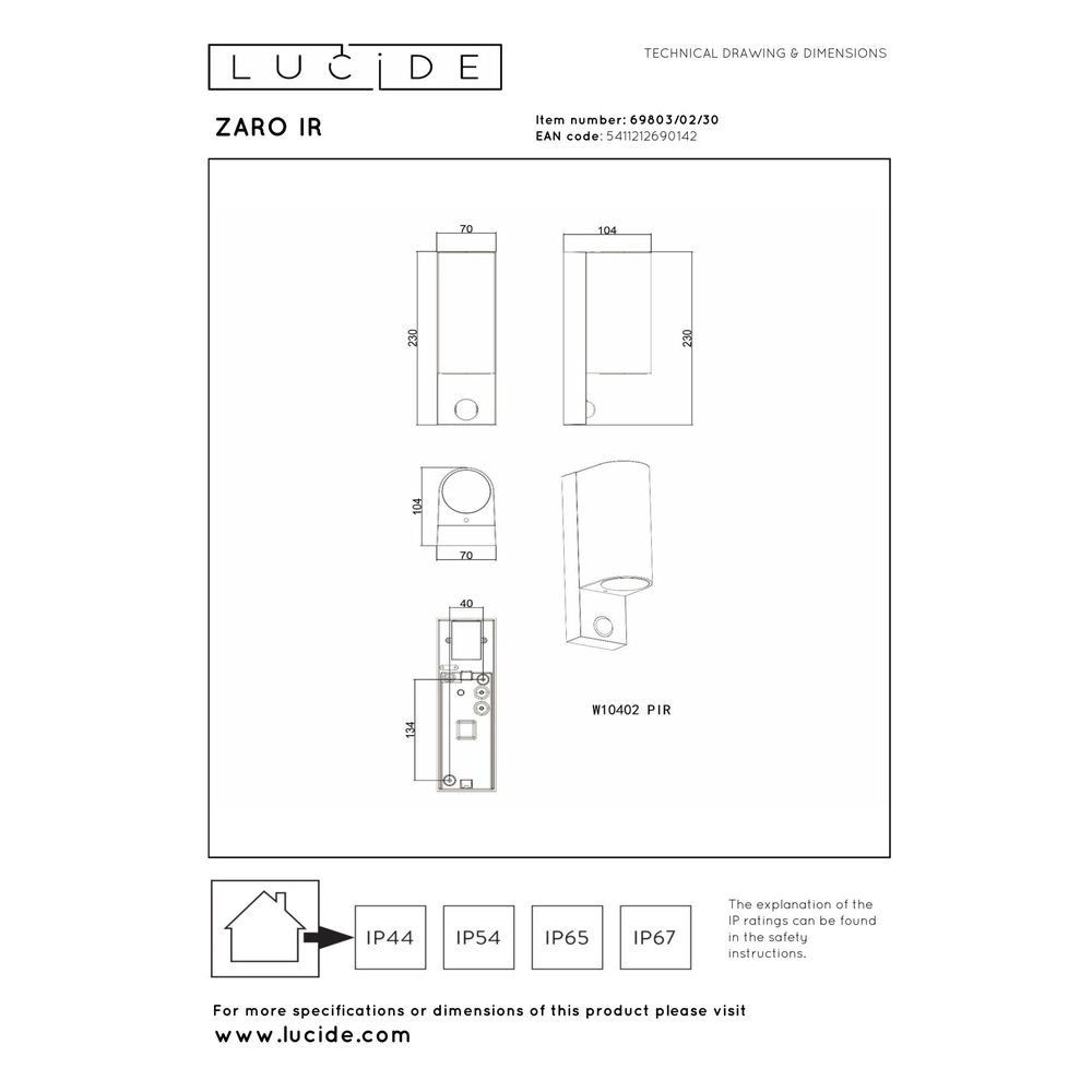Wall spotlight Zaro Up & Down Black With Sensor Lucide 5411212690142
