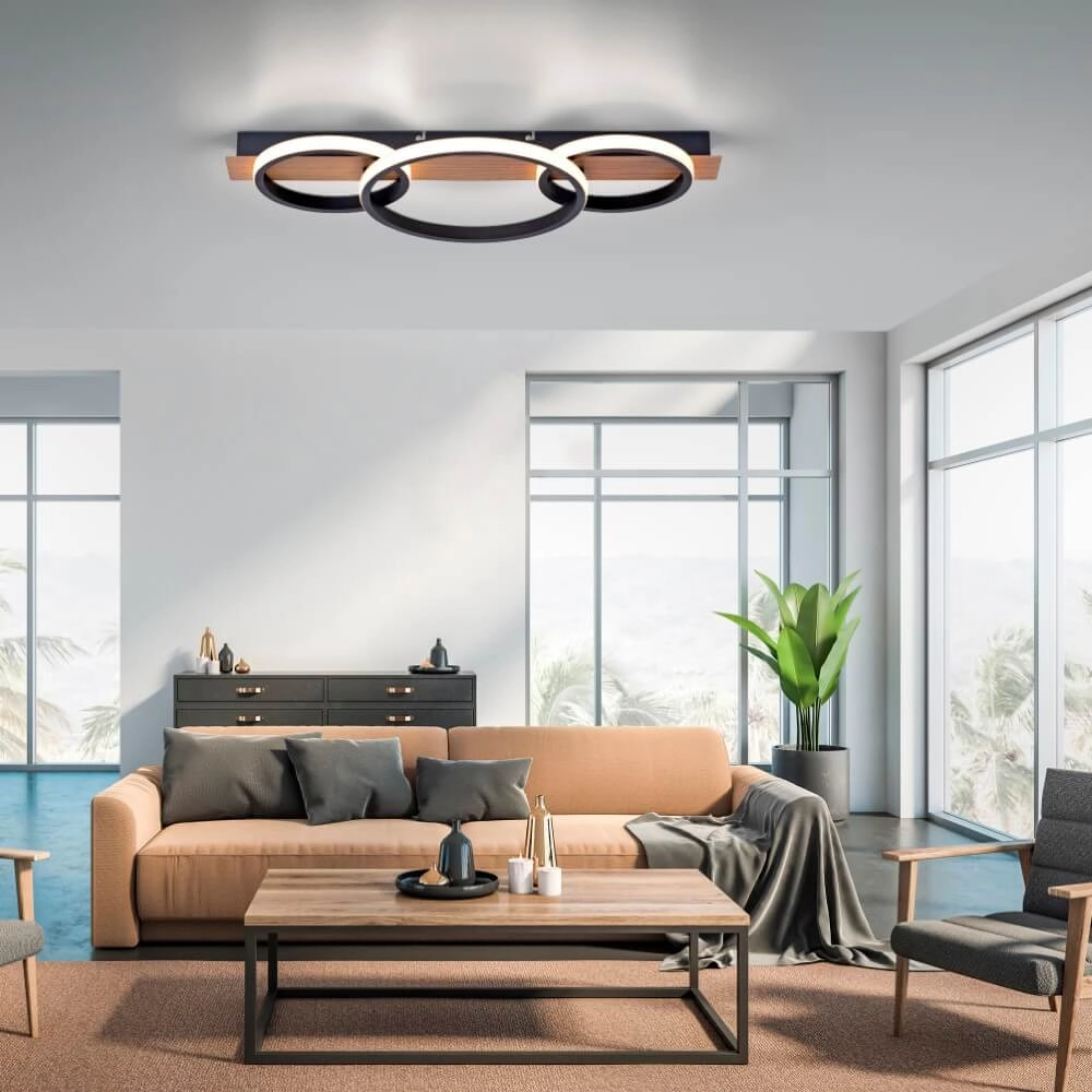 Ceiling lamp Trooper black with wood 68cm Just Light 4043689982195