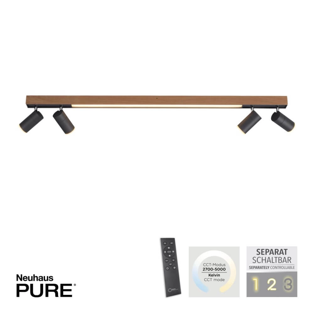 Sleek ceiling lamp Pure Lines Spot wood Paul Neuhaus 4012248374566