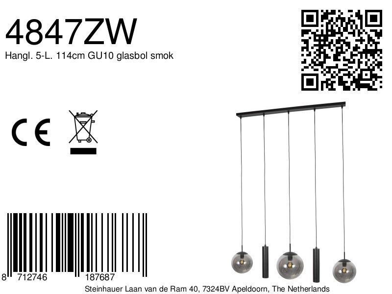 Design pendant lamp Bollique 5-light black Steinhauer 8712746187687