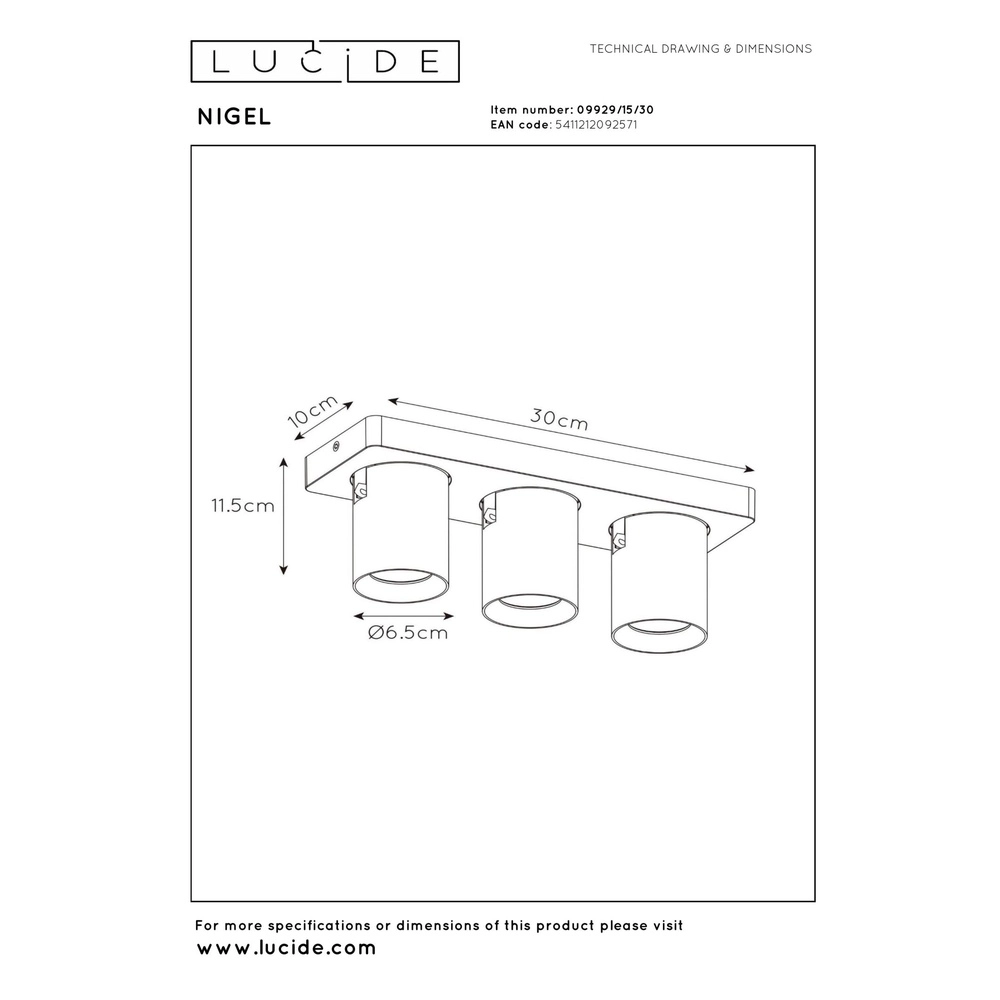 Ceiling spotlight Nigel 3-light black Lucide 5411212092571