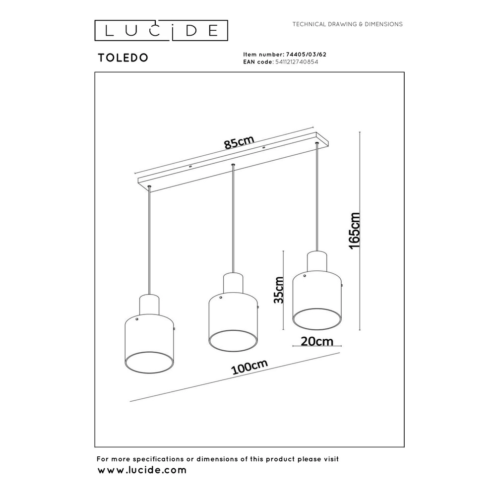 Pendant lamp Toledo 3-light amber glass Lucide 5411212740854