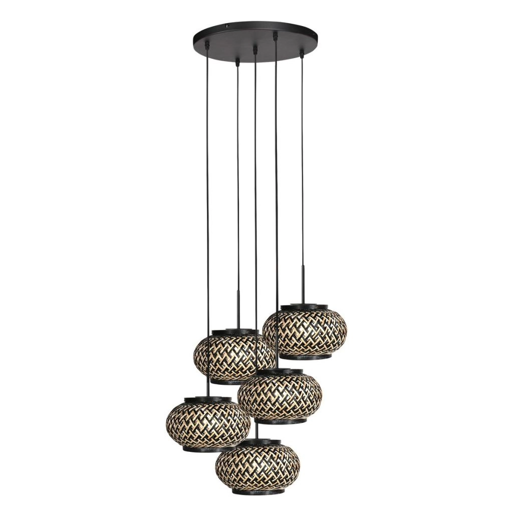 5-light pendant lamp Nox Light with bamboo caps