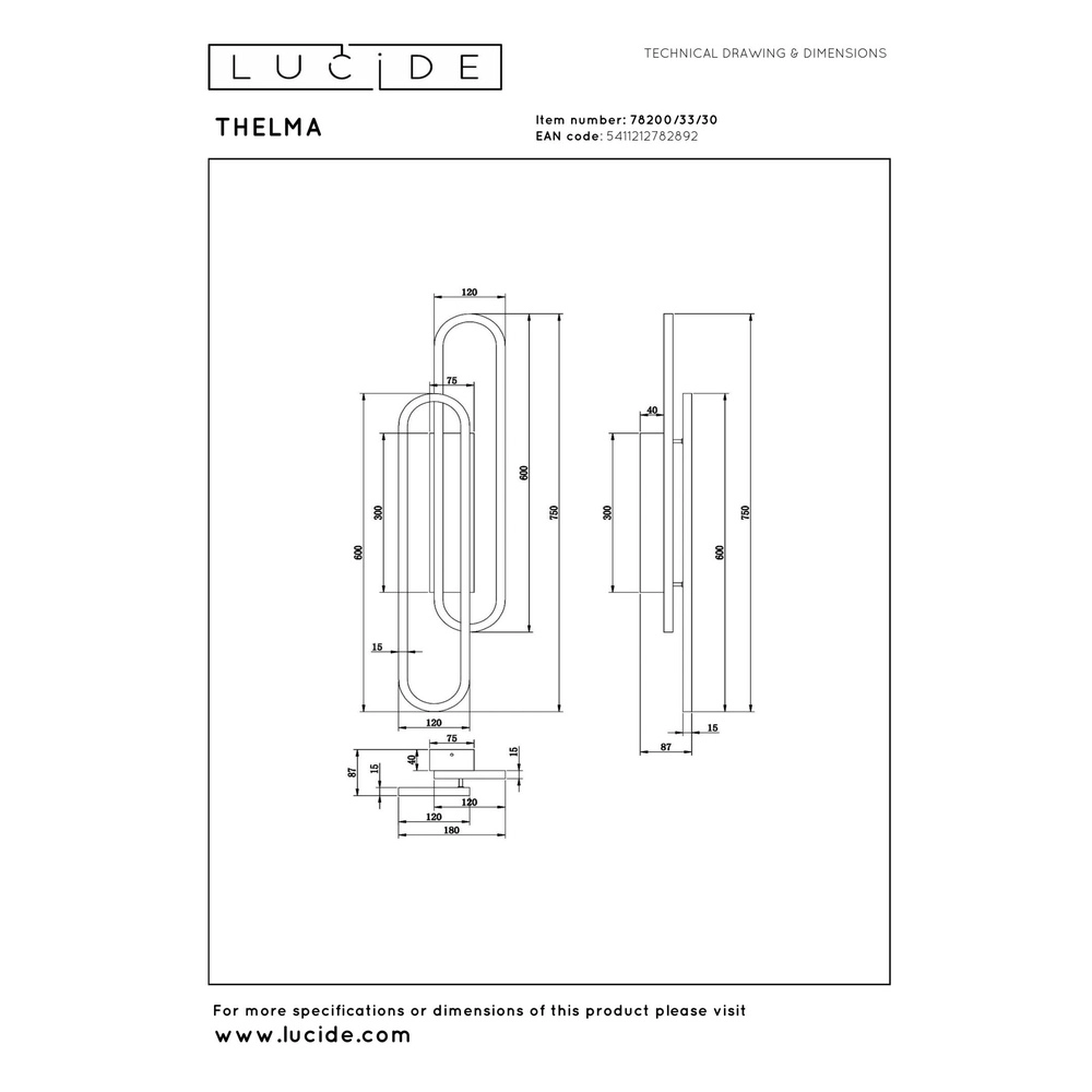 Design wall lamp Thelma oval 75cm Lucide 5411212782892