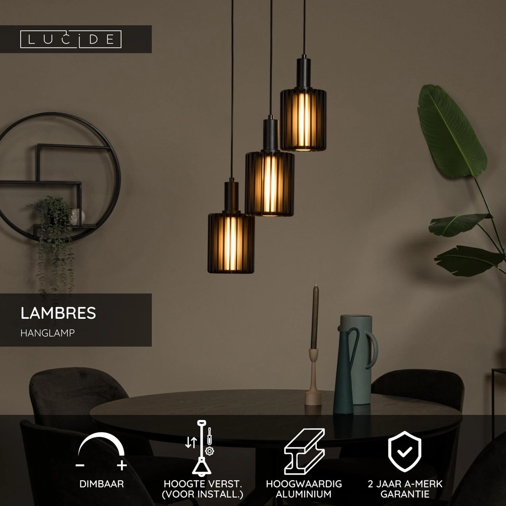 3-light pendant lamp Lambres Black Lucide 5411212452900