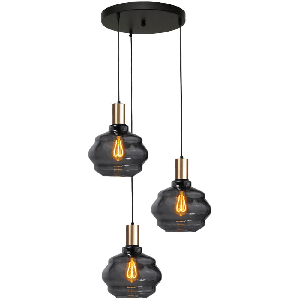 3-light loft hanging lamp - gold - Porto with Ball smoke glasses - Ø 24cm