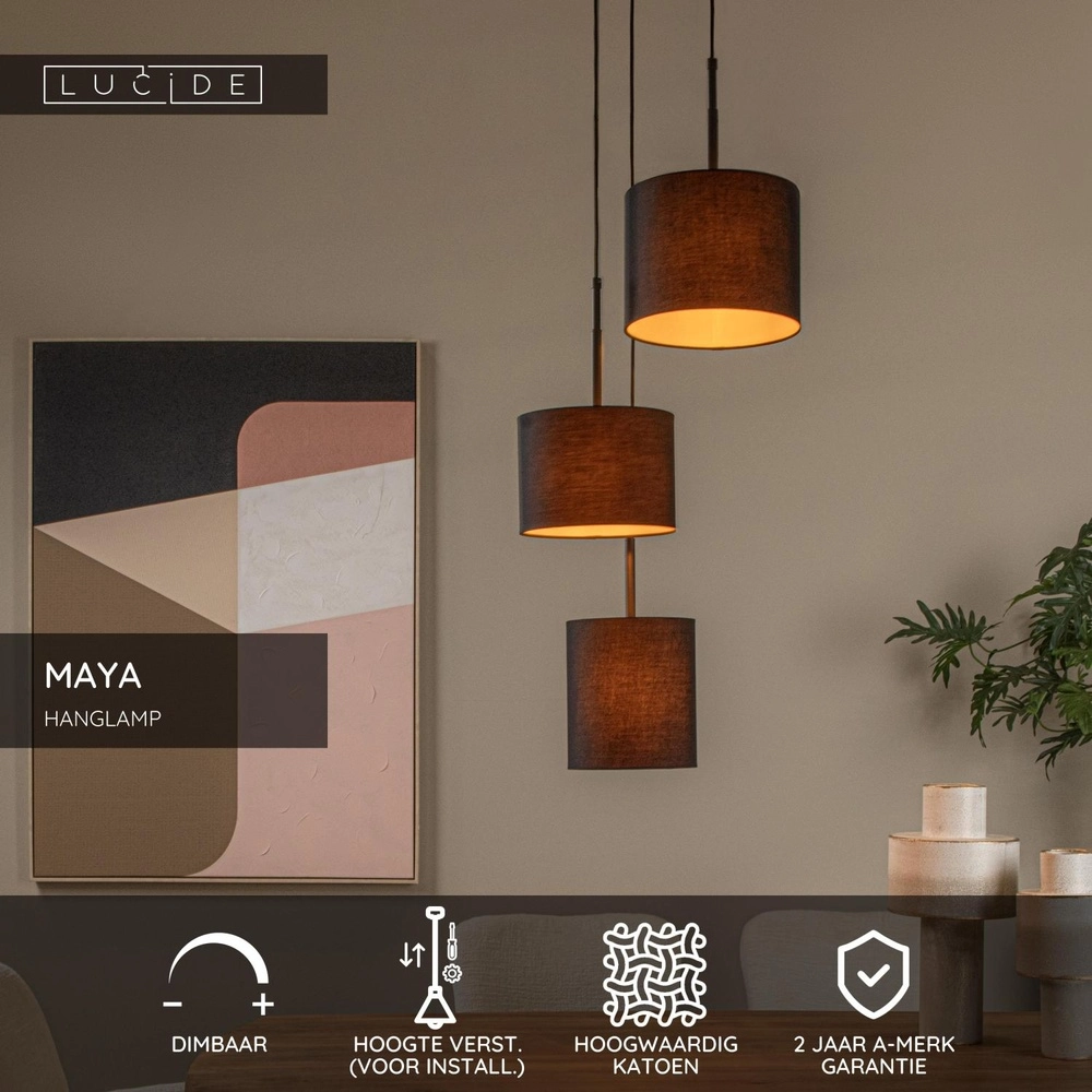 3-light pendant lamp Maya Black Lucide 5411212452580