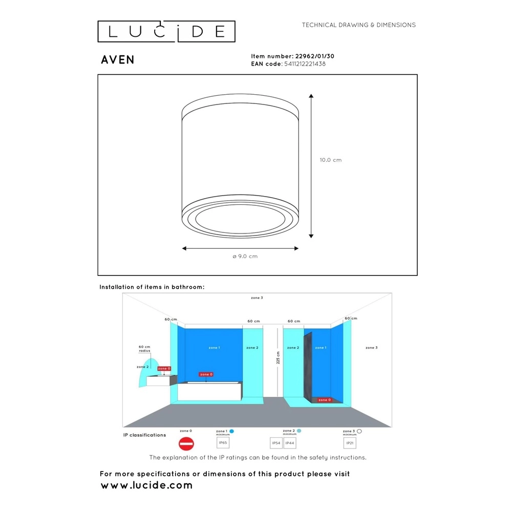 Ceiling spotlight Aven bathroom IP65 black Lucide 5411212221438
