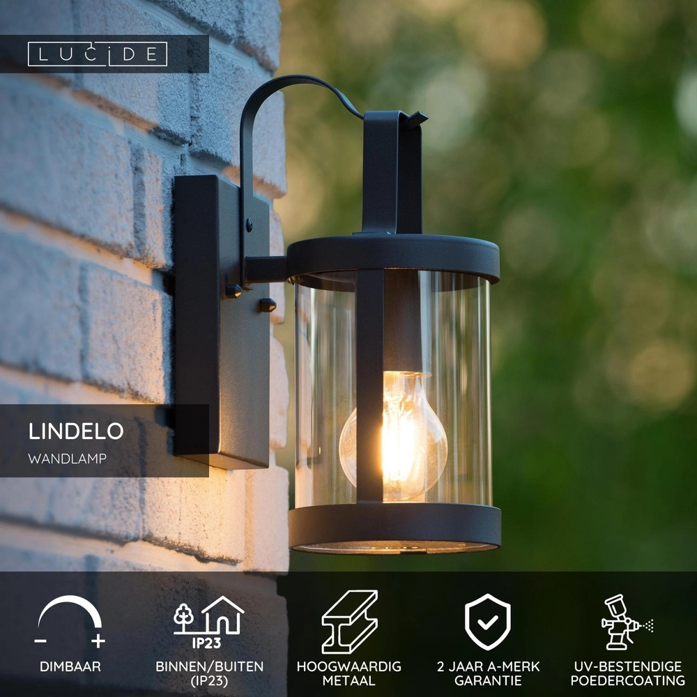 Black wall lamp Lindelo IP23 Lucide 5411212290366