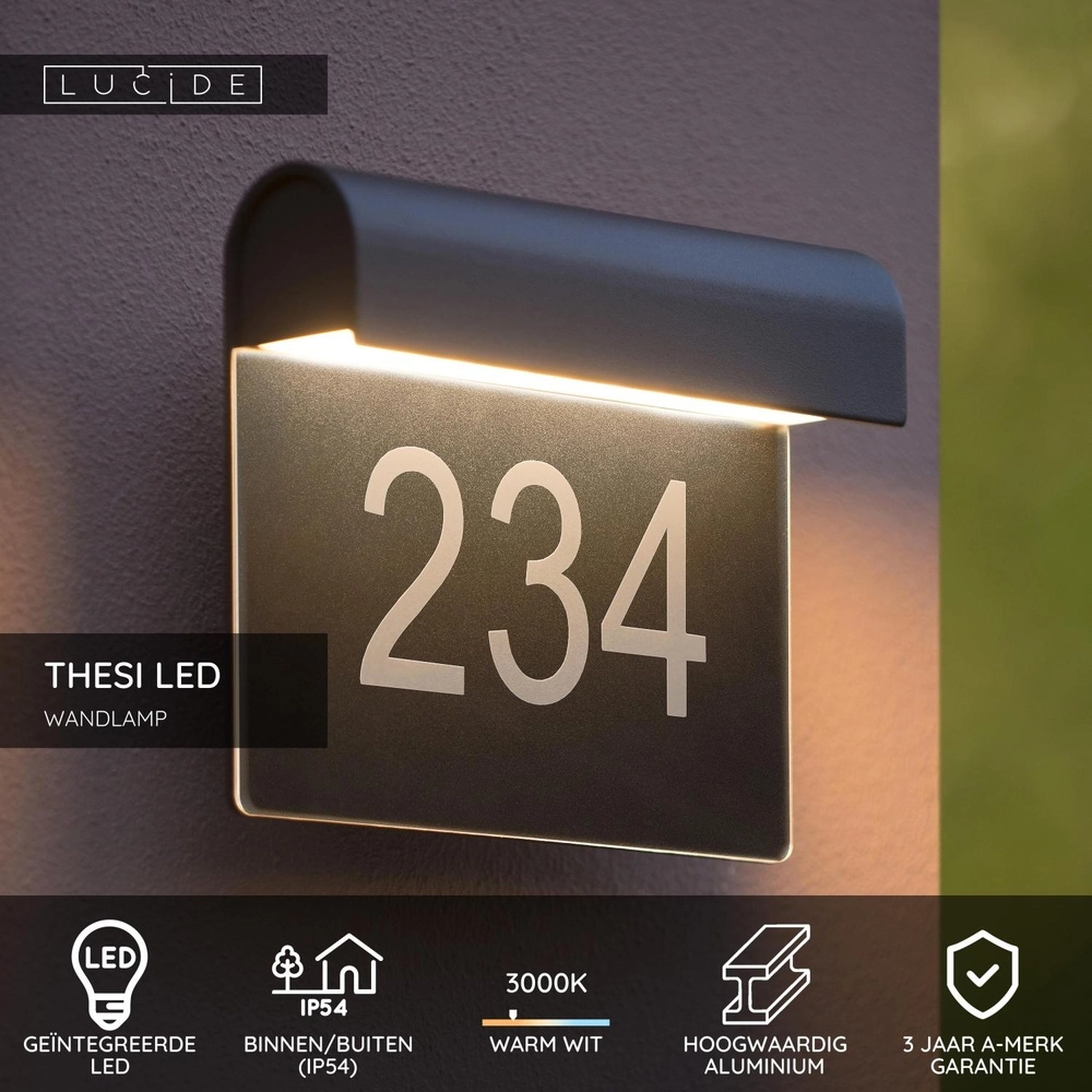Wall lamp Thesi Led black with house number Lucide 5411212271464