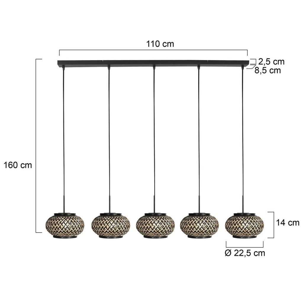 5-light pendant lamp straight Nox Light with bamboo caps Steinhauer 8712746183221