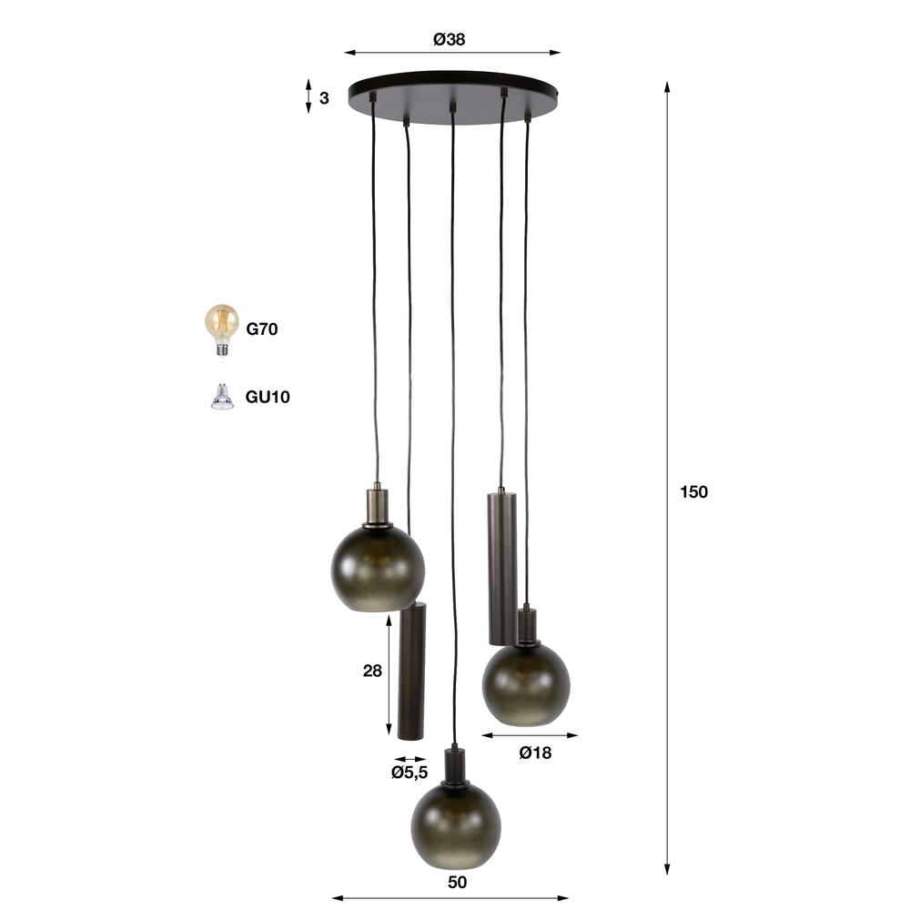Design hanglamp Sfera 5-lichts sienna bruin met frosted glas Lyora 8716803515178