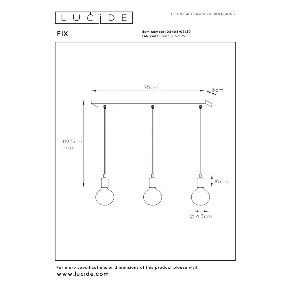 Pendant lamp Fix 3-light black Lucide 5411212082725