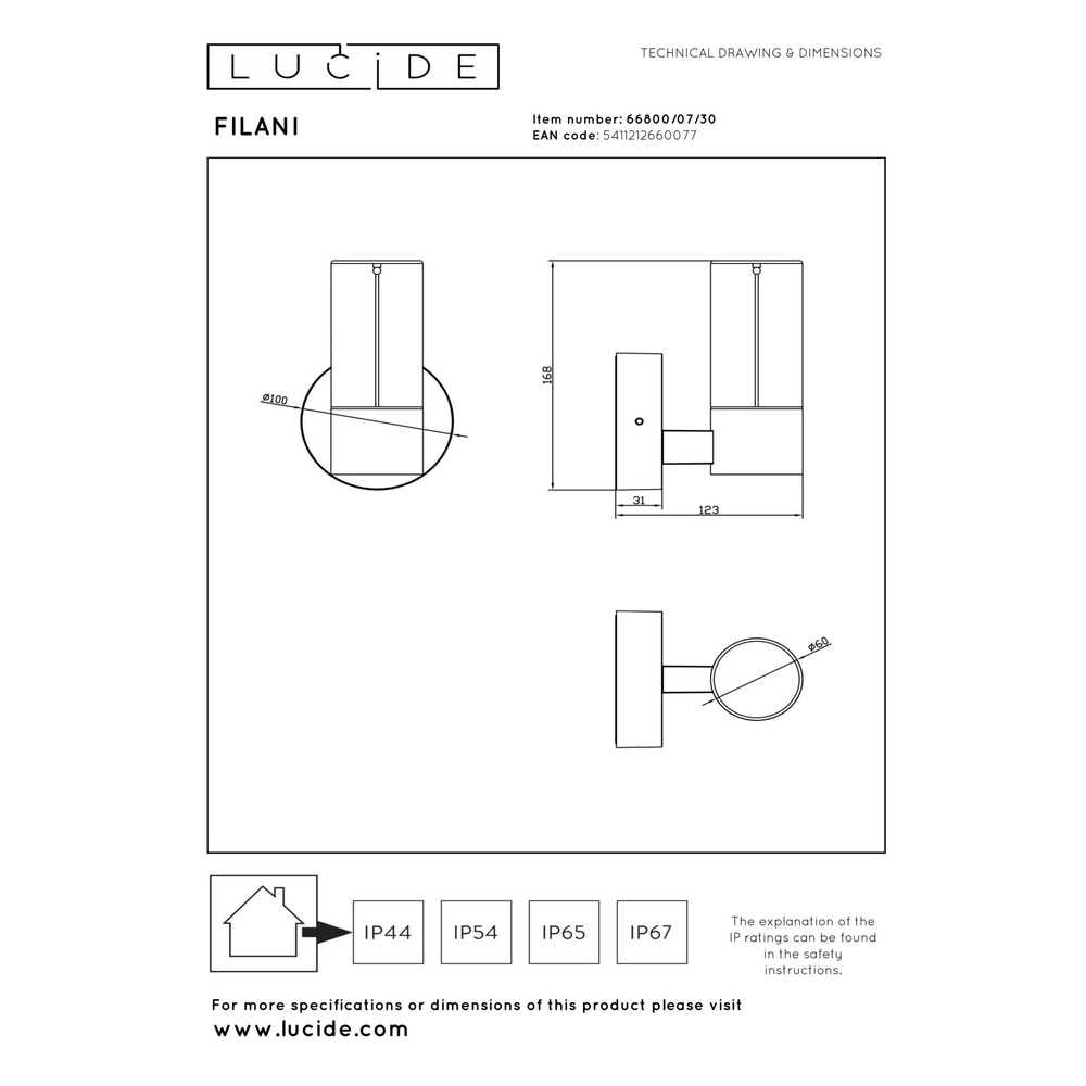Design wall lamp Filani Black Lucide 5411212660077