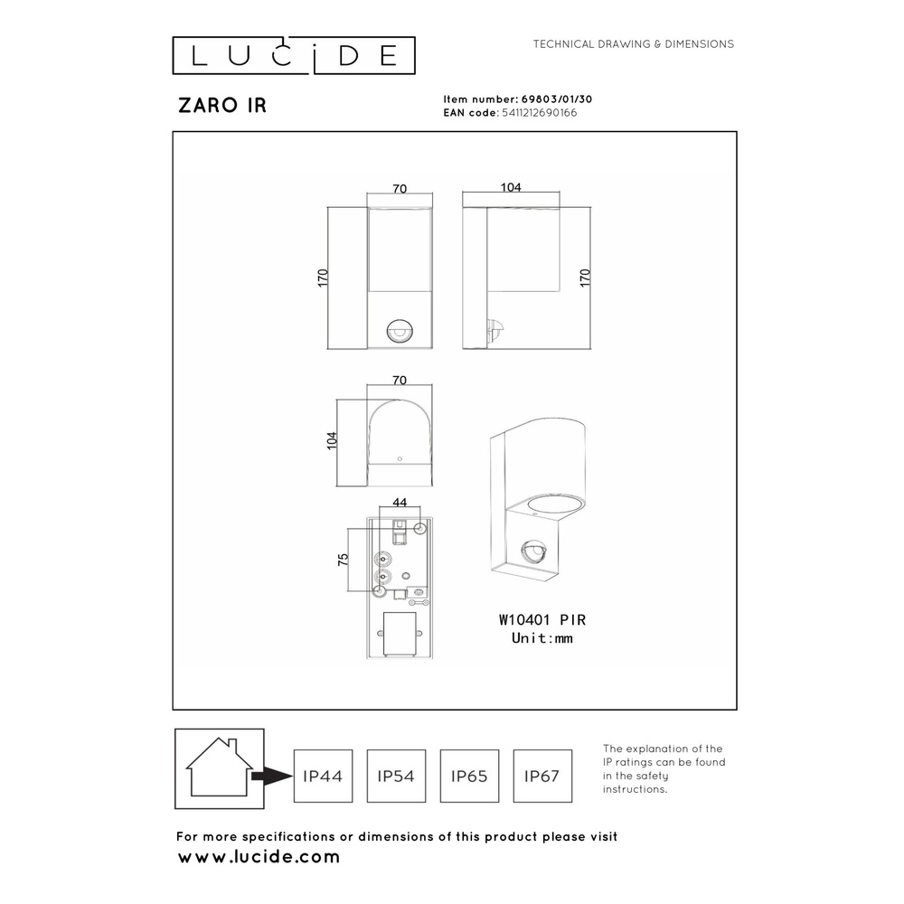 Wall spotlight Zaro Single black with sensor Lucide 5411212690166