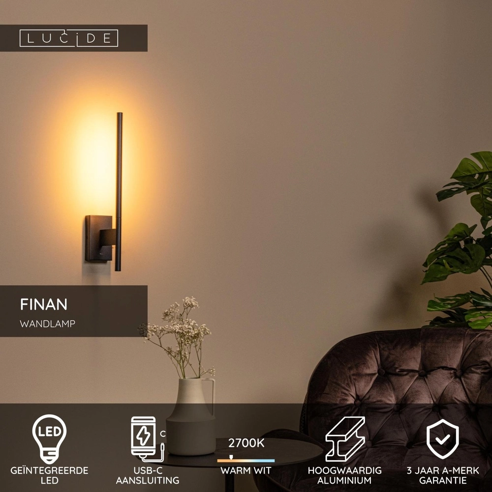 Design wall lamp Finan with USB charging point black Lucide 5411212680013