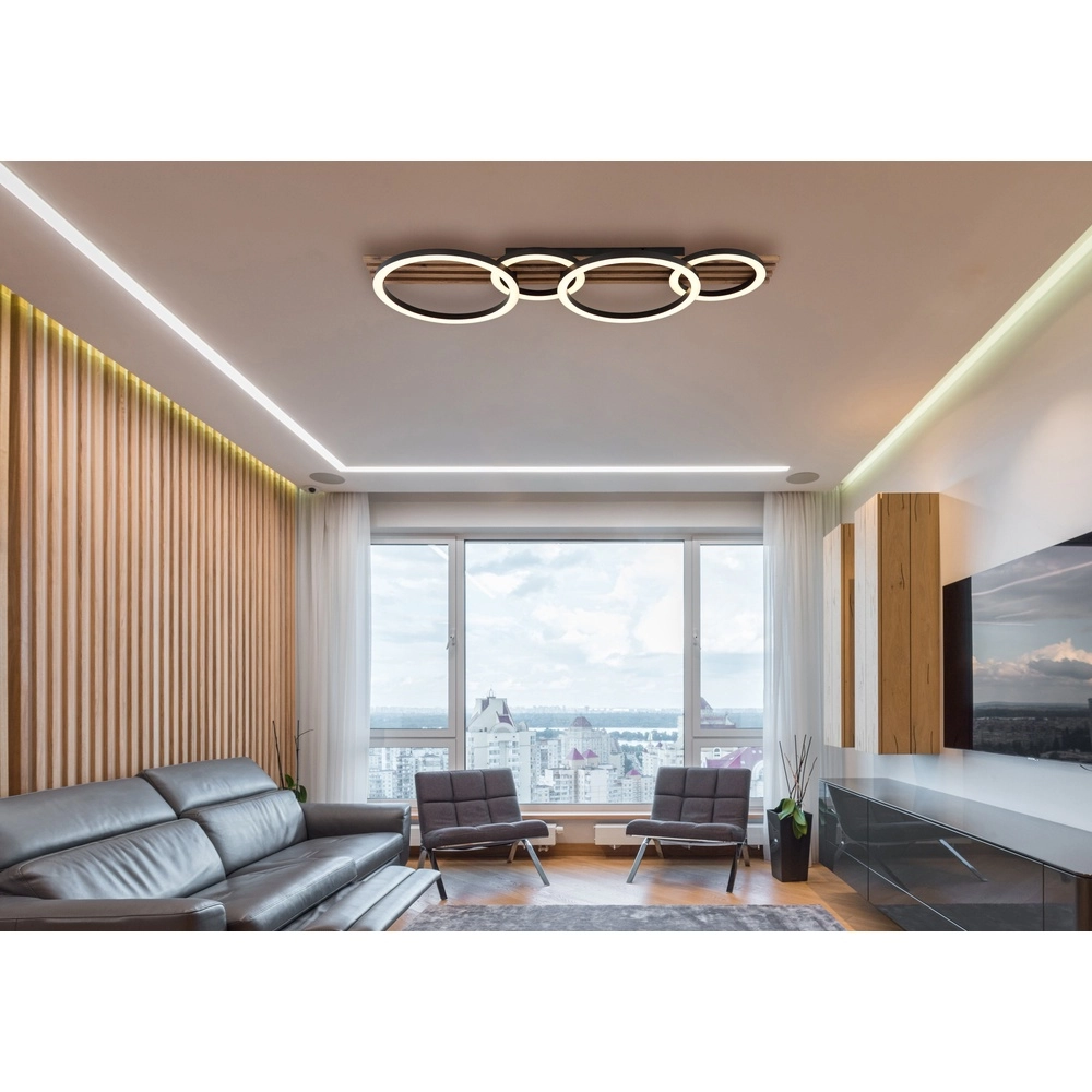 Ceiling lamp Tisha 4 rings black with wood Globo 9007371531578