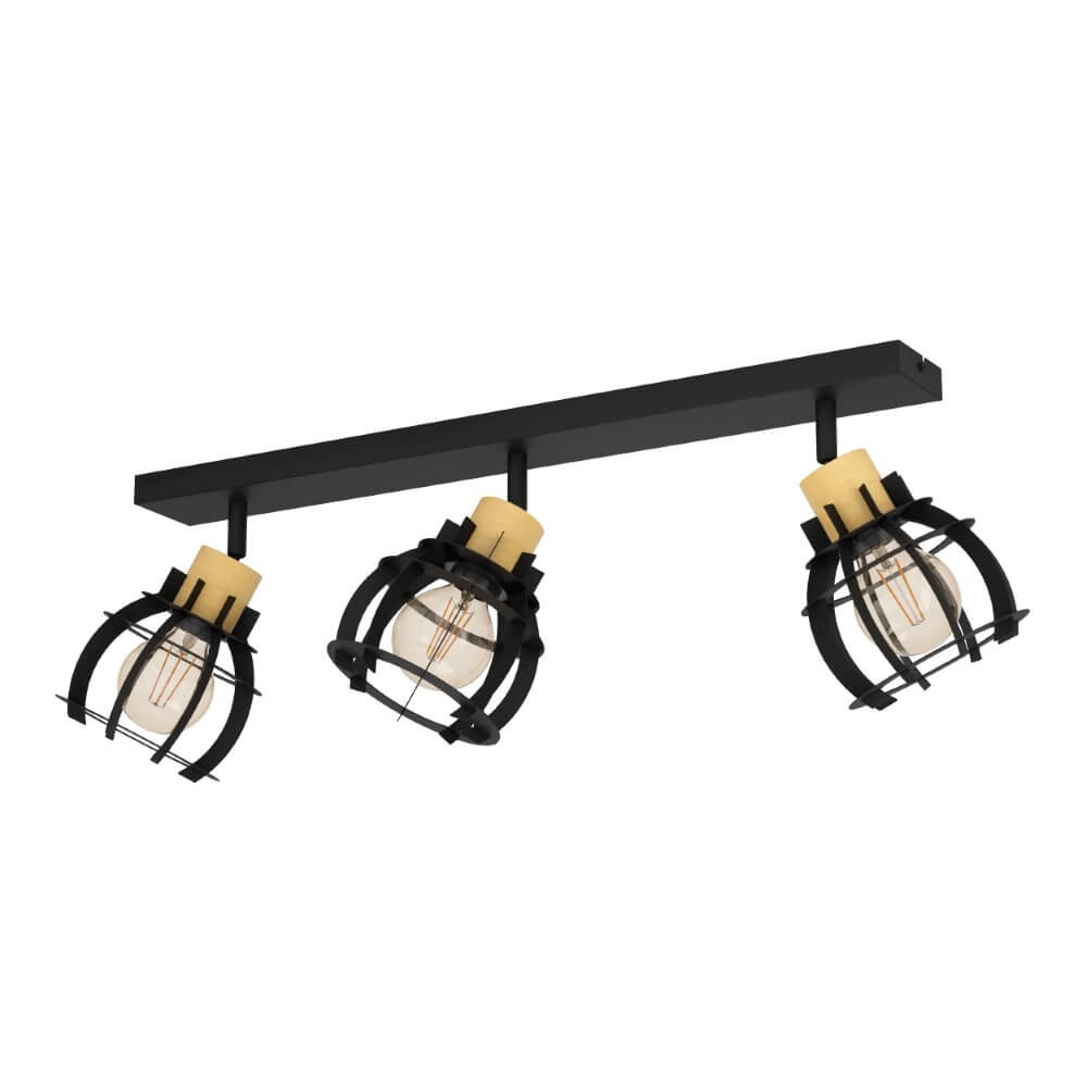 3-light ceiling lamp Stillington 1 black with wood