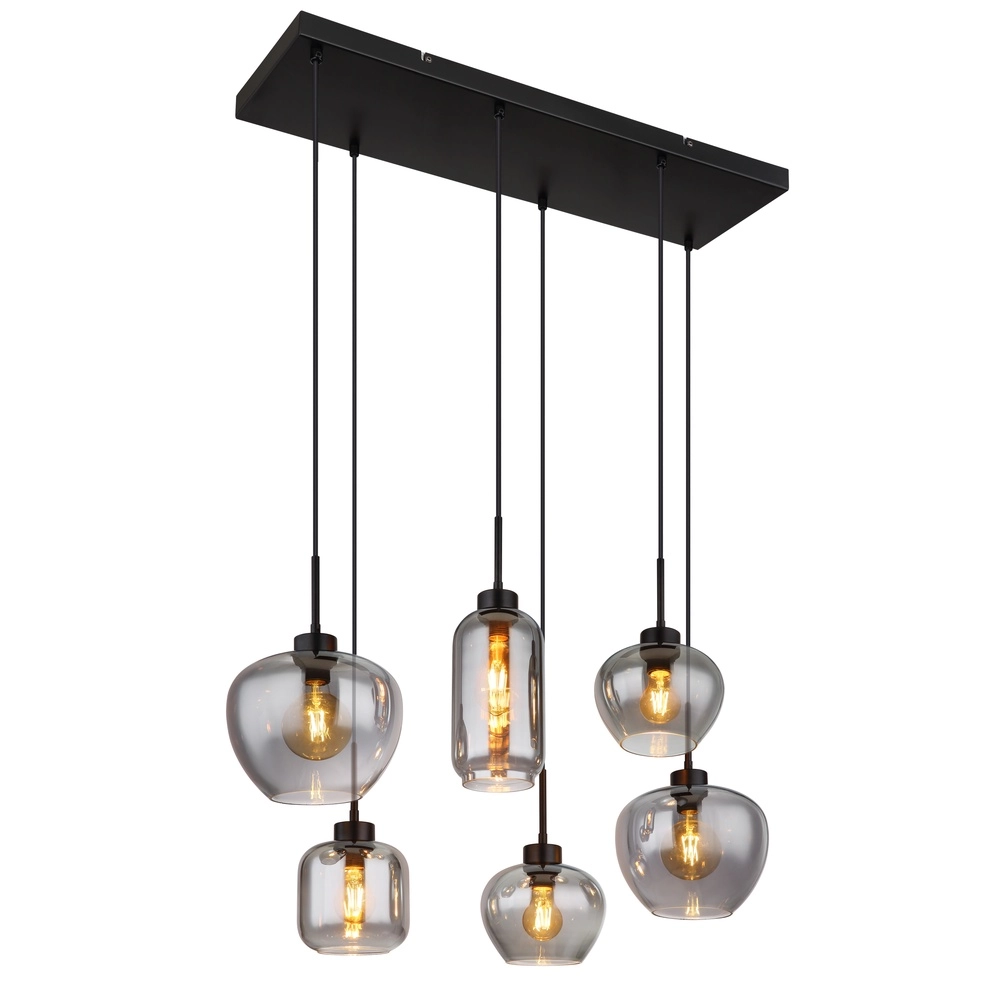 6-light pendant lamp Matt black with smoke glass