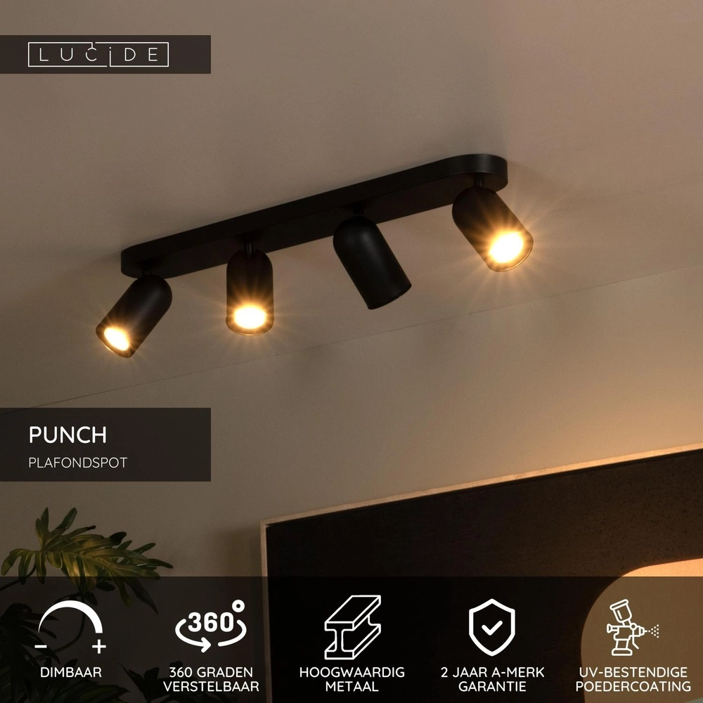 Ceiling spotlight Punch 4-light black Lucide 5411212134332