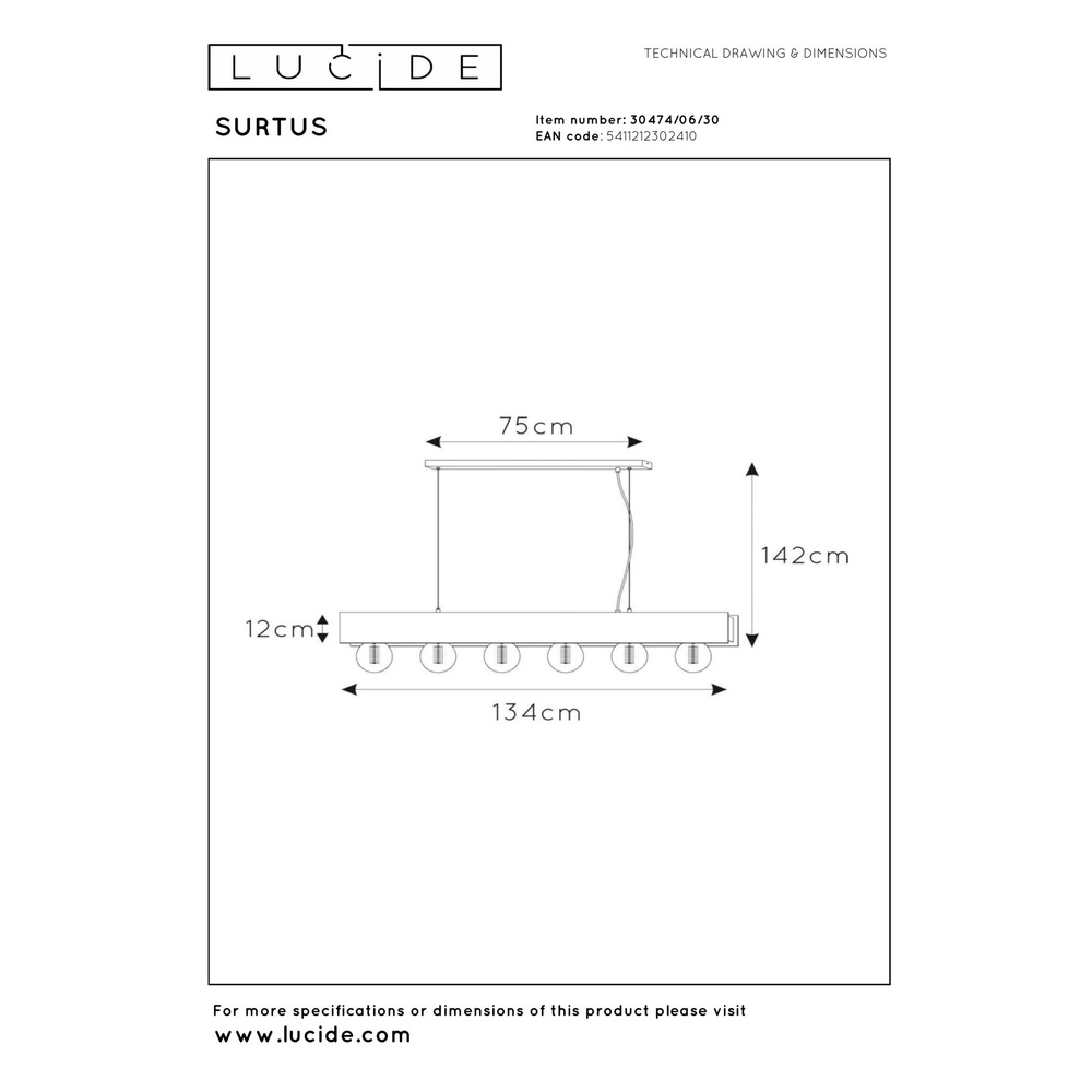 Design pendant lamp Surtus 6-light black Lucide 5411212302410