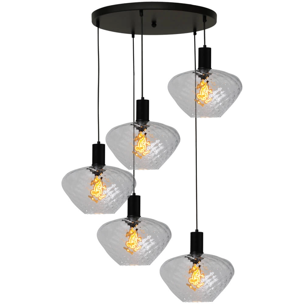 5-light loft hanging lamp - black - Porto with Blossom clear lenses