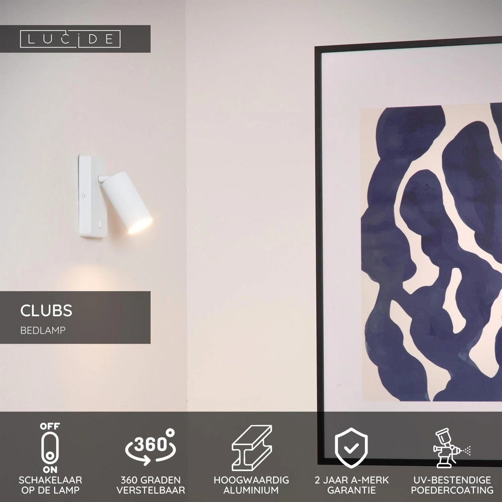 Bedside lamp Clubs white with switch Lucide 5411212093417